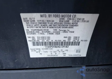 2017 Ford Taurus Limited z USA, uszkodzony, nr VIN 1FAHP2F86HG129182